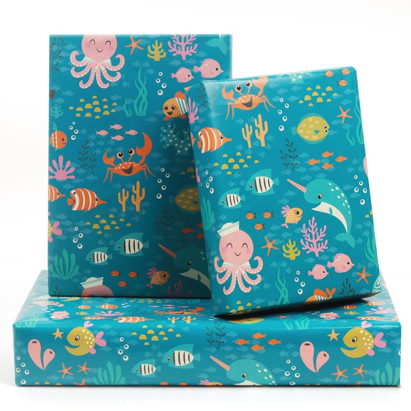 NEPOG Ocean Themed Birthday Wrapping Paper for Kids Girls Boys  6 Sheets Under the Water Animal Coastal Design Gift Paper  20 x 28 inch Per Sheet Folded Flat Birthday Paper for Birthday Baby Shower - Image 1